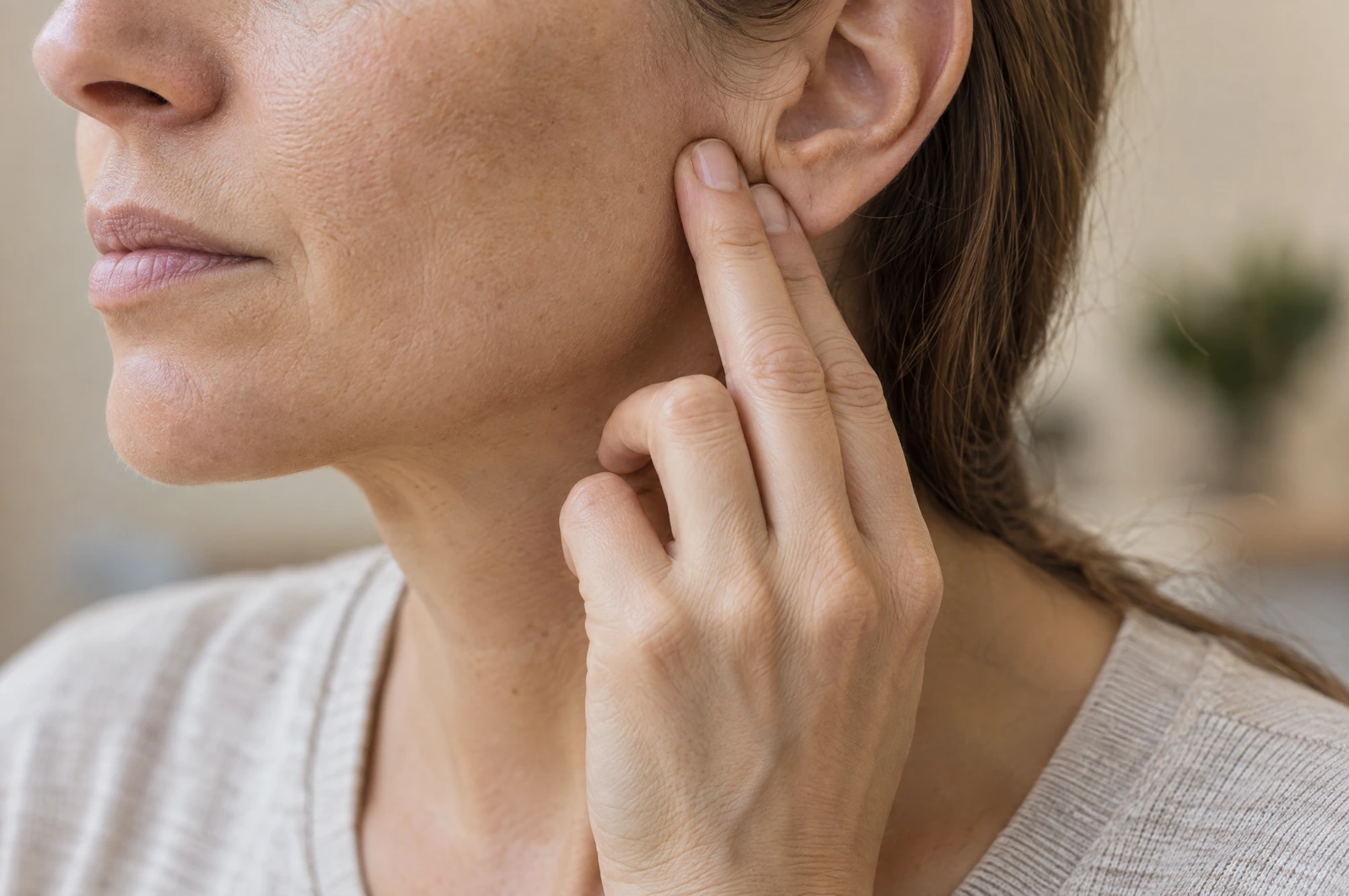 Nahaufnahme der seitlichen Kieferpartie einer Frau, die zwei Finger leicht vor dem Ohr anlegt